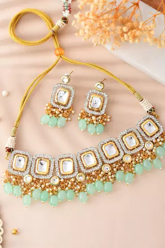 gold-plated crystal & green beaded necklace set
