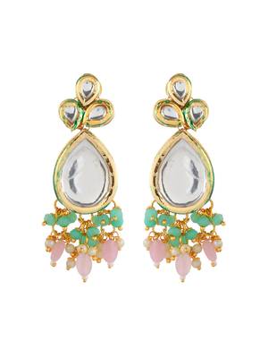Green & pink beaded kundan necklace set for women 5
