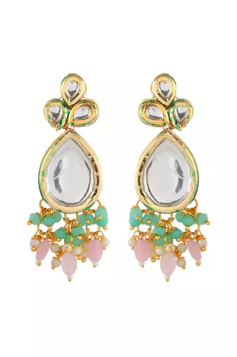 Green & pink beaded kundan necklace set for women