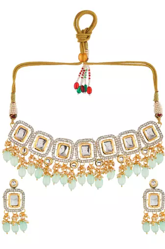 gold-plated crystal & green beaded necklace set