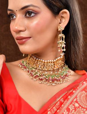 gold-plated kundan choker necklace set with multicolor beads 1