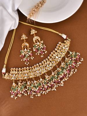 gold-plated kundan choker necklace set with multicolor beads 2