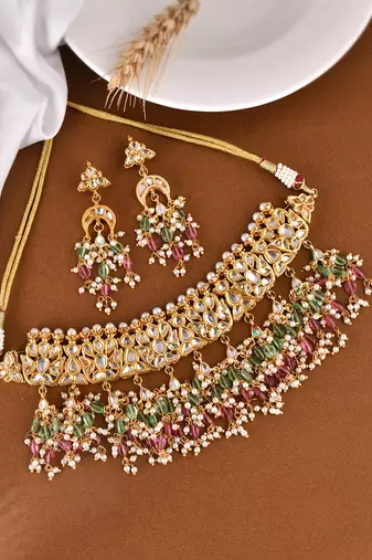 gold-plated kundan choker necklace set with multicolor beads
