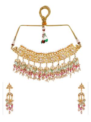gold-plated kundan choker necklace set with multicolor beads 3