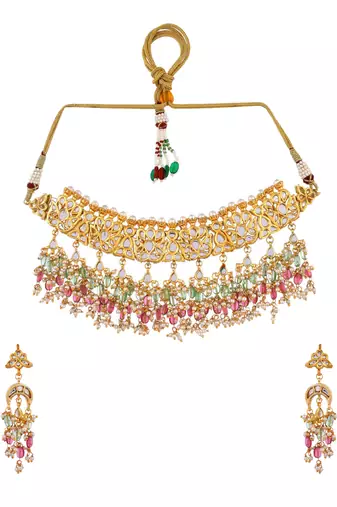 gold-plated kundan choker necklace set with multicolor beads