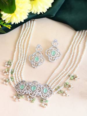 pearl & green stone bridal necklace set for women 1