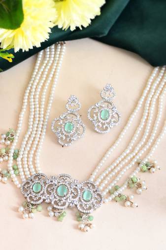 pearl & green stone bridal necklace set for women
