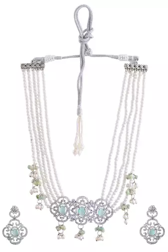 pearl & green stone bridal necklace set for women