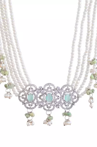 pearl & green stone bridal necklace set for women