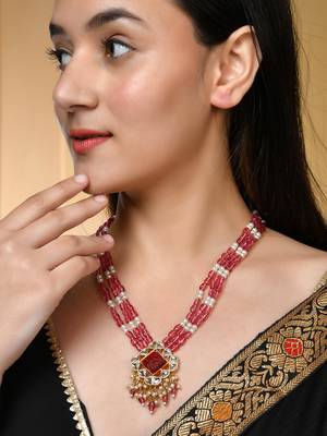 Long layered red beaded kundan with pearl nacklace for women 1