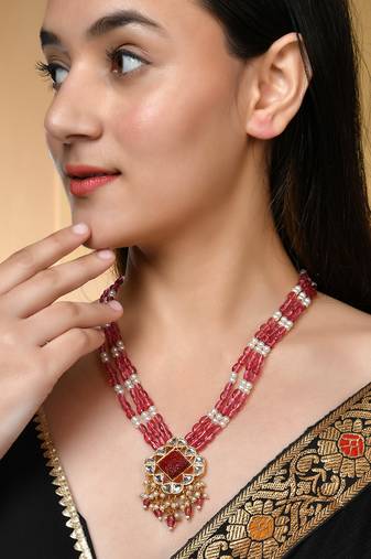 Long layered red beaded kundan with pearl nacklace for women