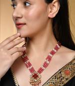Long layered red beaded kundan with pearl nacklace for women
