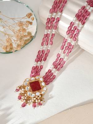 Long layered red beaded kundan with pearl nacklace for women 2