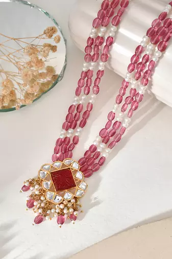 Long layered red beaded kundan with pearl nacklace for women