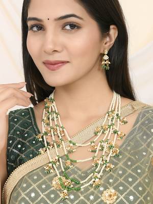 Layered green beaded kundan pearl necklace set 1