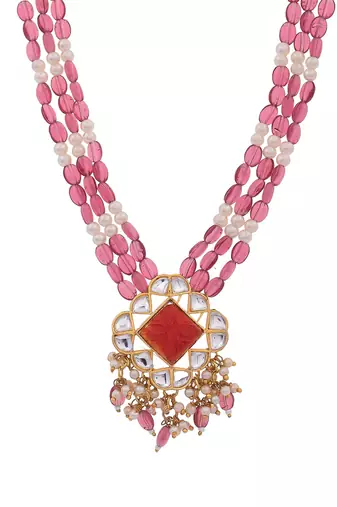 Long layered red beaded kundan with pearl nacklace for women