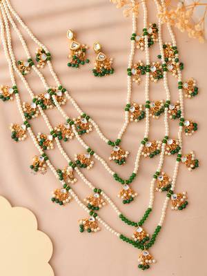 Layered green beaded kundan pearl necklace set 2