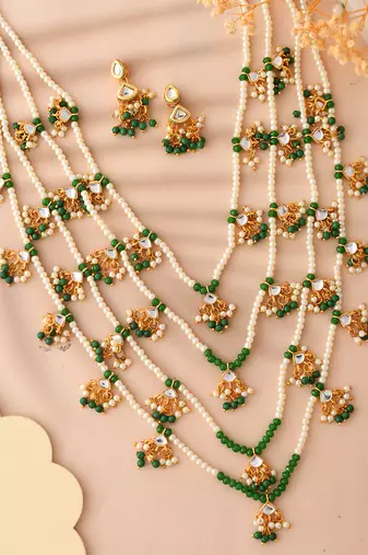 Layered green beaded kundan pearl necklace set