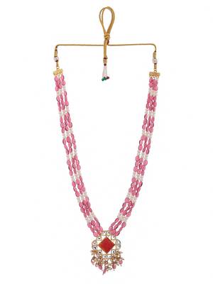 Long layered red beaded kundan with pearl nacklace for women 4