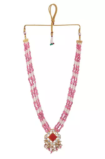 Long layered red beaded kundan with pearl nacklace for women
