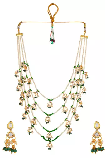 Layered green beaded kundan pearl necklace set