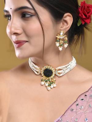 green beaded kundan pearl necklace set for women 1