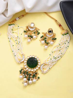 green beaded kundan pearl necklace set for women 2