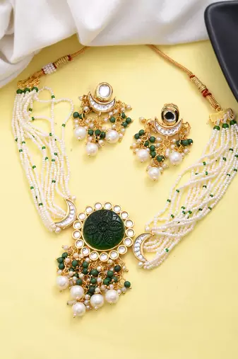 green beaded kundan pearl necklace set for women