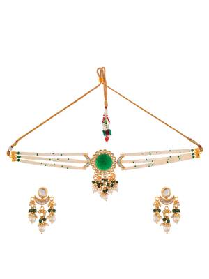 green beaded kundan pearl necklace set for women 3