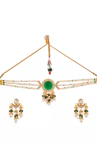 green beaded kundan pearl necklace set for women