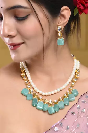 royal green beaded pearl necklace set for women