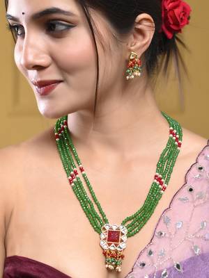 Green beaded kundan necklace set with earrings for women 1
