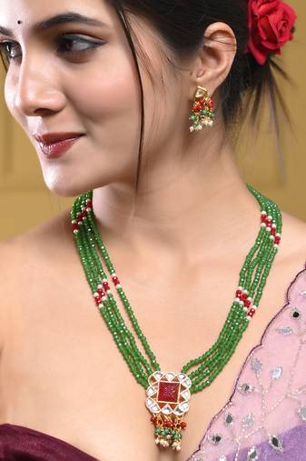 Green beaded kundan necklace set with earrings for women