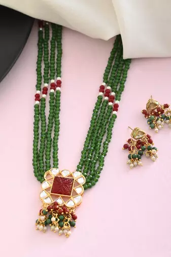 Green beaded kundan necklace set with earrings for women