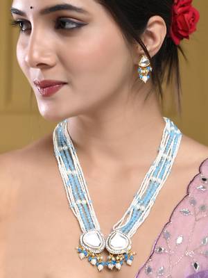 Blue beaded pearl necklace set with stone earrings for women 1