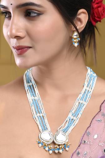 Blue beaded pearl necklace set with stone earrings for women