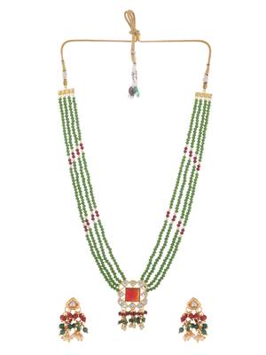 Green beaded kundan necklace set with earrings for women 3