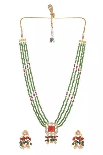 Green beaded kundan necklace set with earrings for women
