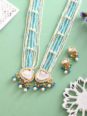Blue beaded pearl necklace set with stone earrings for women 2