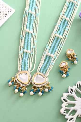 Blue beaded pearl necklace set with stone earrings for women