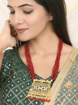 traditional red beaded necklace with kundan gold pendant for women 1