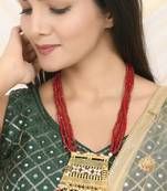 traditional red beaded necklace with kundan gold pendant for women