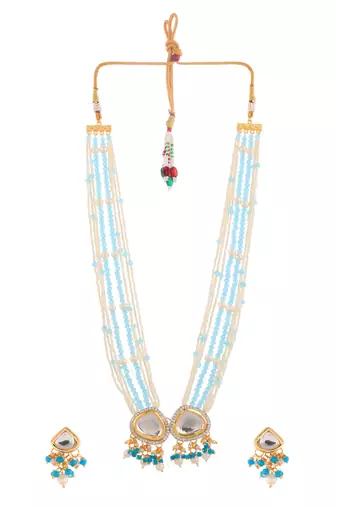 Blue beaded pearl necklace set with stone earrings for women