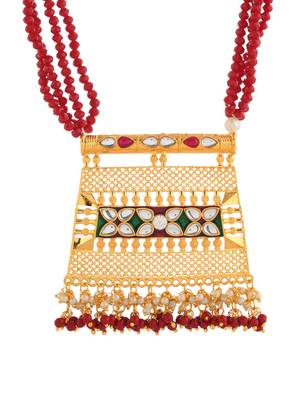 traditional red beaded necklace with kundan gold pendant for women 3