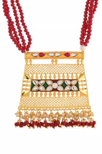 traditional red beaded necklace with kundan gold pendant for women