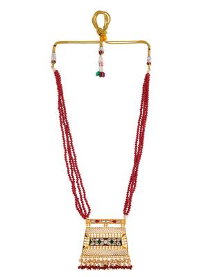 traditional red beaded necklace with kundan gold pendant for women 4