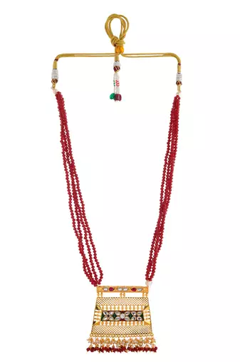 traditional red beaded necklace with kundan gold pendant for women