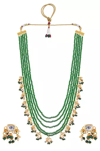 green beaded gold-plated bridal jewellery set with pearls