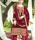 Maroon Unstitch Designer Velvet Pakistani Suit Set