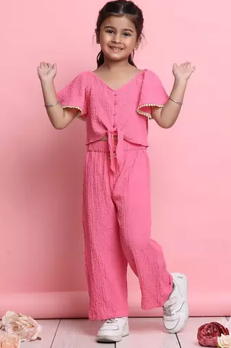 Girls' stylish pink co-ord set     flared sleeve top & wide-leg pants